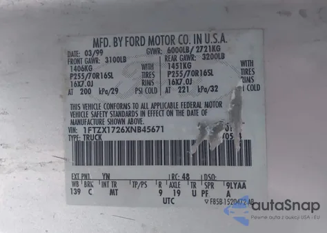 1999 Ford F-150 Work Series/Xl/Xlt from USA, damaged, VIN 1FTZX1726XNB45671